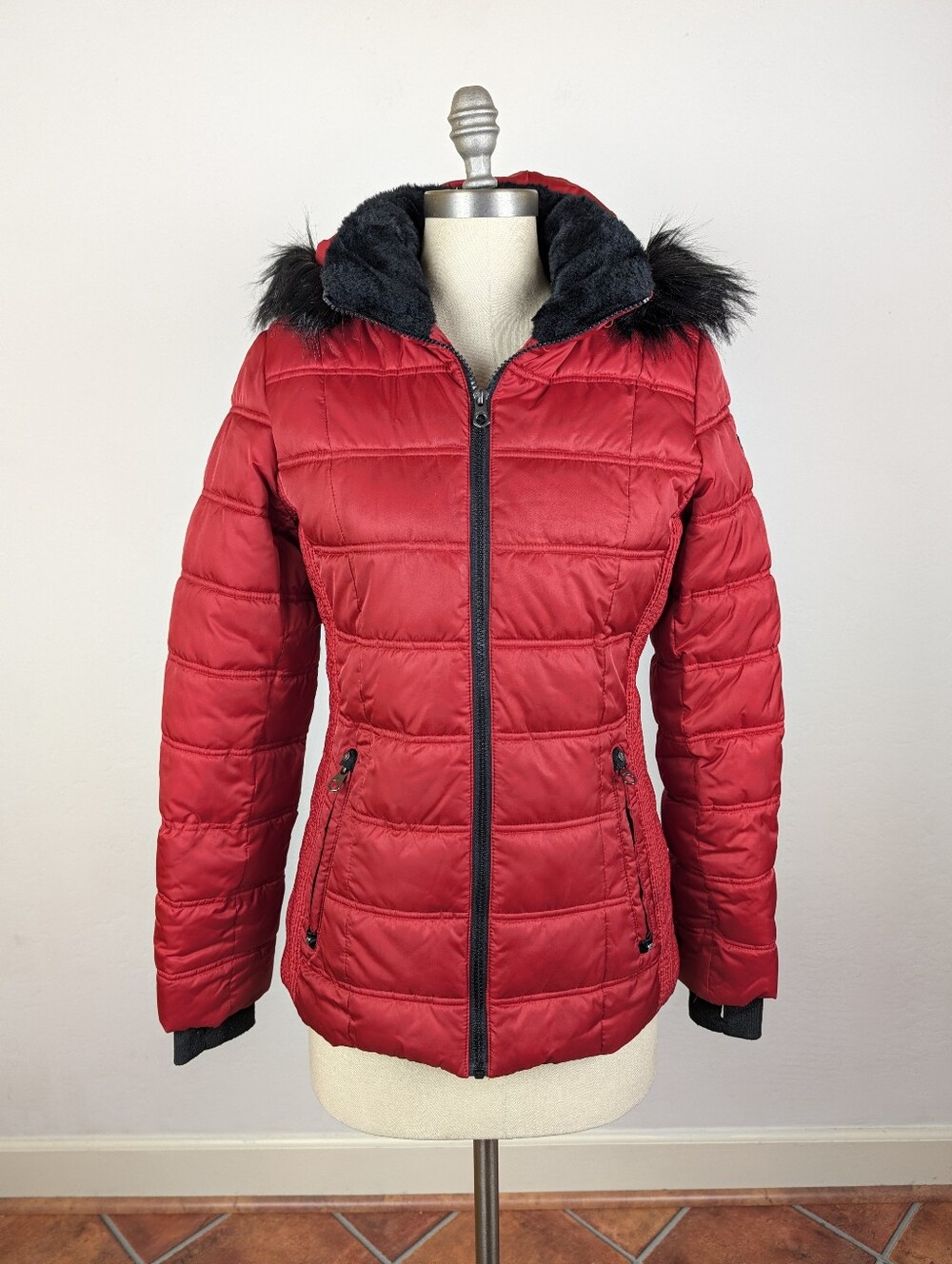 Nautica Quilted Hooded Puffer Jacket with Black Faux-Fur Trim